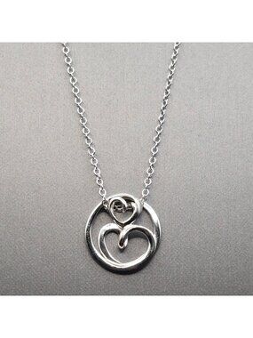 Sterling Silver Mother Daughter Heart Pendant Necklace Open Work Signed LA 925